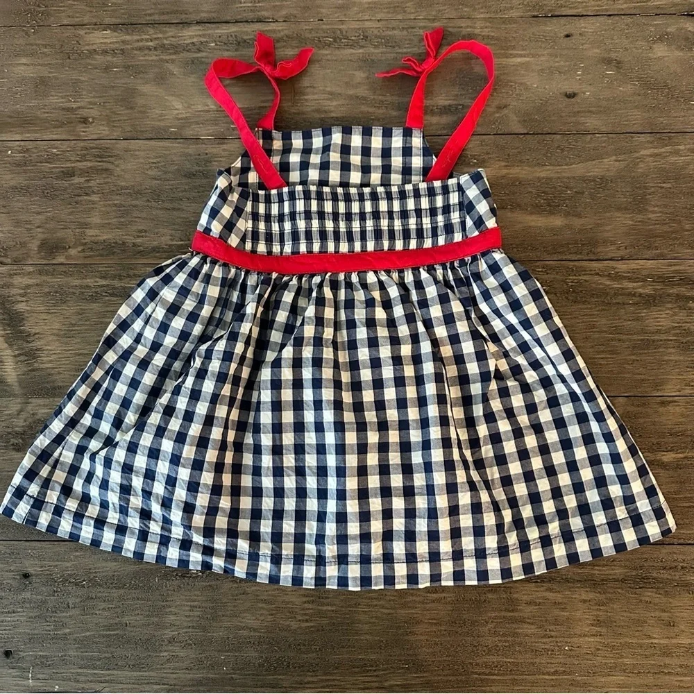 Hanna Andersson baby girls 18-24 months gingham Cherry Tank Dress Blue Bows Cute